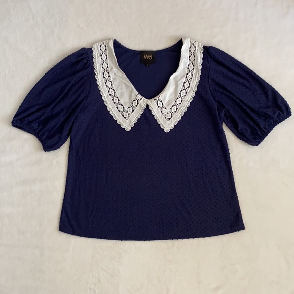 W5 | Pointed Scallop Bib Collar Swiss Dot Short Sleeve Blouse Top Blue/White (L) - Picture 14 of 14
